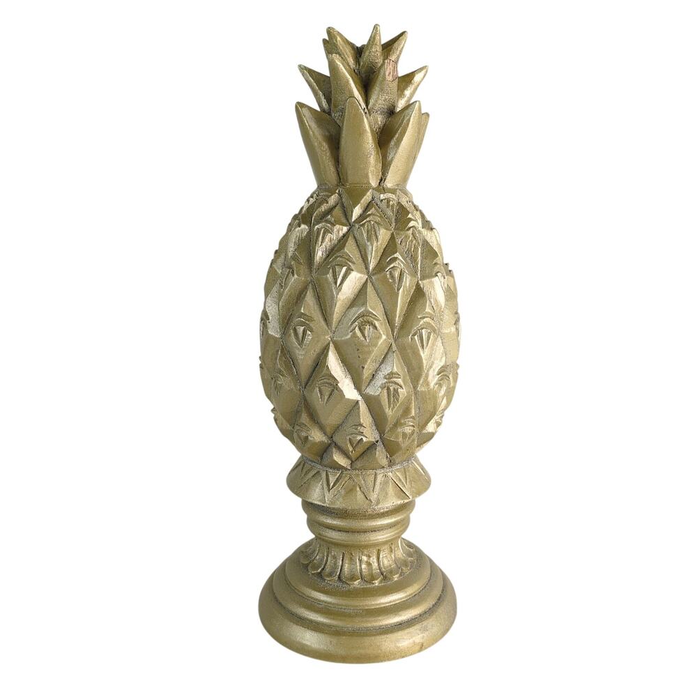 Carved Wooden Pineapple with Gold Paint, 14" Tall, Solid Wood Finial, Glam Decor - Picture 1 of 7